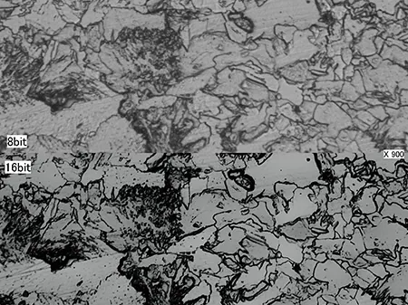 Metal structure (900x) Top: 8-bit image/bottom: 16-bit image