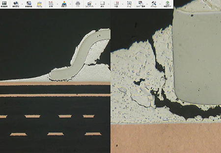 观察of solder cracks on an IC cross section (left: 100x/right: 1000x)